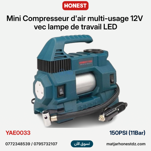 Mini Compresseur d'air multi-usage 12V 150PSI (11Bar) avec lampe de travail LED fonctionne sur prise allume-cigare HONESTPRO | YAE0033