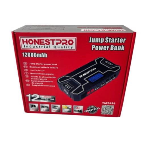 Booster batterie 3 in1 500A Power Bank 12000 mAh et lampe torche 2USB avec pochette HONESTPRO YAE3496 - الصورة 4