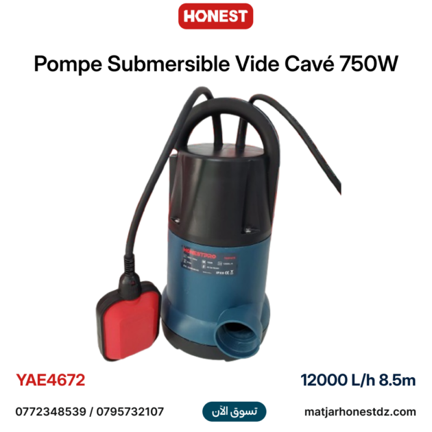 Pompe Submersible Vide Cavé 750W débit maximal de 12000 L/h hauteur maximale de 8,5m avec câble de 10m et raccords de 25/32/38mm HONESTPRO YAE4672